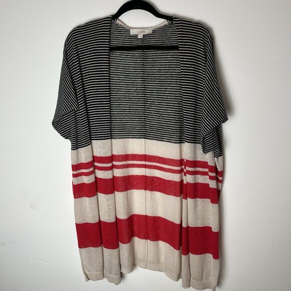Ann Taylor Loft Blck and Red Stripped Short sleeve cardigan Large Nautical 201 - Picture 1 of 6